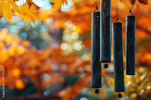 Wind chimes in autumn garden symbolize happiness and success photo