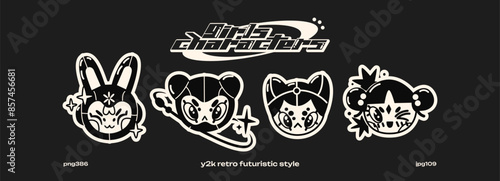 Retro cartoon girls heads characters in the y2k style. Cyber ​​Girls with stars for 90s design. Collection vector cartoon futuristic objects	