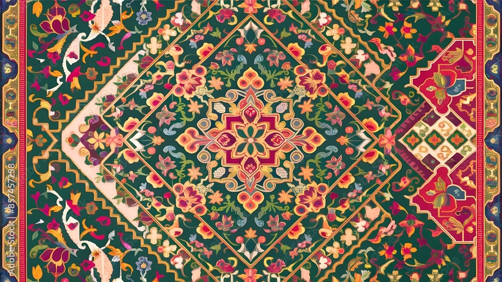 Mughal motifs are included in this digital textile design, which may be used for carpets, clothing, and other décor. Mughal motifs are included in this digital textile design, which may be used for carpets, clothing, and other décor.