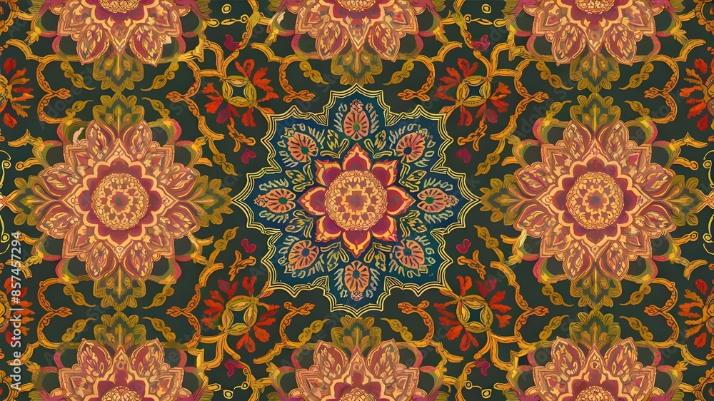 Mughal motifs are included in this digital textile design, which may be used for carpets, clothing, and other décor. Mughal motifs are included in this digital textile design, which may be used for carpets, clothing, and other décor.