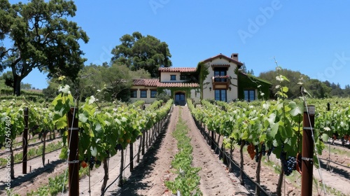 A picturesque view of a vineyard with rows of grapevines leading towards a charming farmhouse. © AriyaniAI