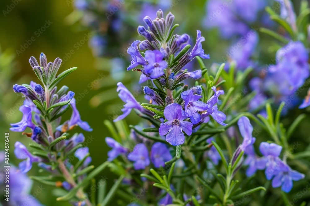 Fototapeta premium Zoomed in view of Rosemary blossoms in Derbyshire UK