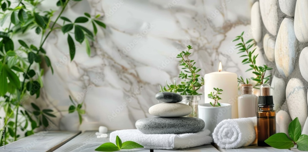Beauty treatment items for spa procedures on white wooden table and marble wall. Massage stones, essential oils, and sea salt. Candle, rolled up white towel, plants. Spa and wellness concept. Beauty treatment items for spa procedures on white wooden table and marble wall. Massage stones, essential oils, and sea salt. Candle, rolled up white towel, plants. Spa and wellness concept.