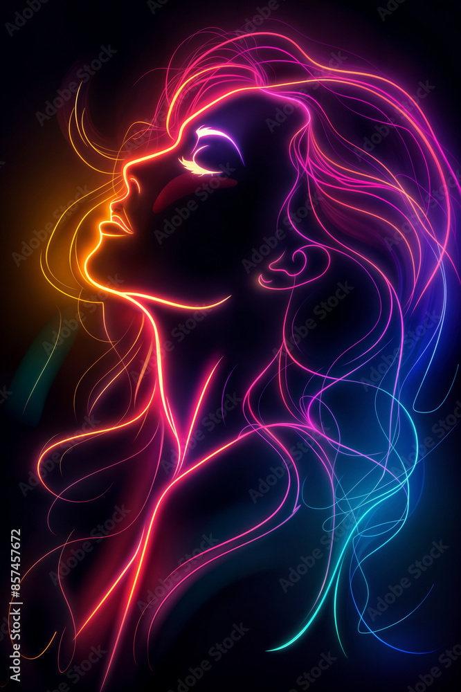 Portrait of a woman created with glowing neon light streaks Portrait of a woman created with glowing neon light streaks