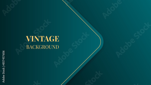 Teal green gradient abstract background with gold line border. Vintage geometric pattern. Retro poster or web banner template	
