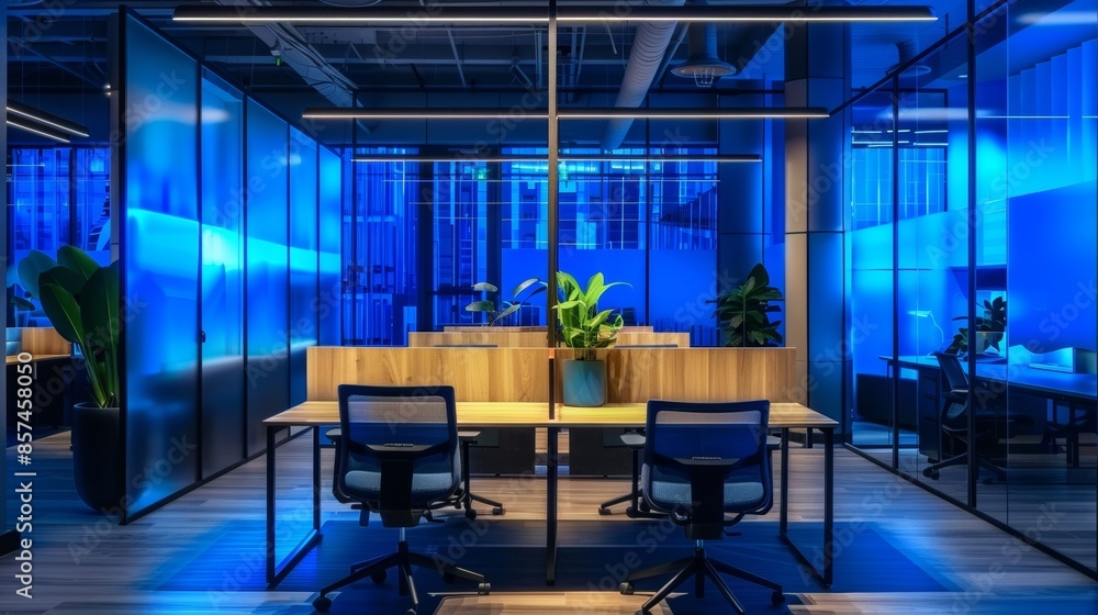 Modern interior of open office or co-working space with wooden desks, ergonomic chairs and soundproof partitions, illuminated by soft blue lighting Modern interior of open office or co-working space with wooden desks, ergonomic chairs and soundproof partitions, illuminated by soft blue lighting