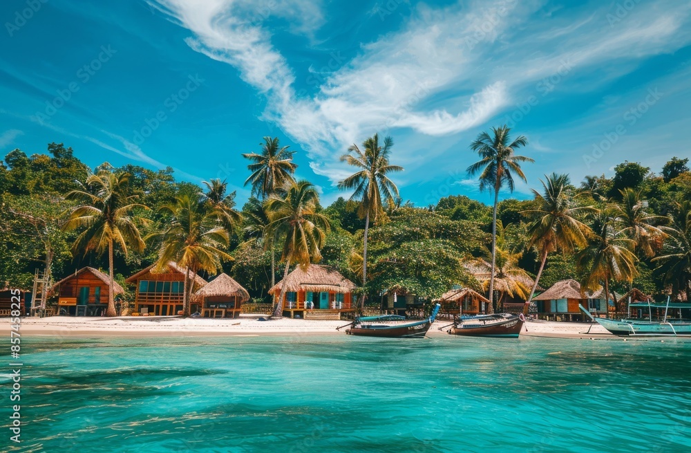 Obraz premium Beautiful tropical island with palm trees and white sandy beaches 