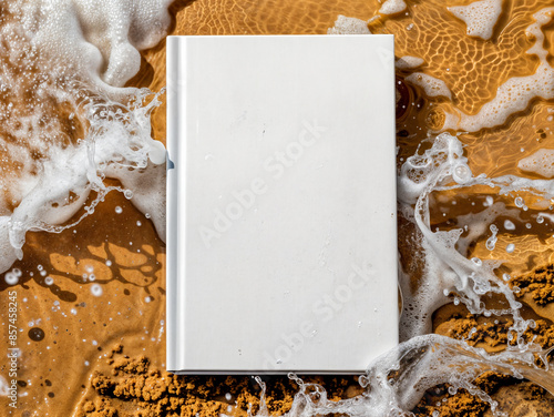 Book lying on the beach with blank cover for mockup