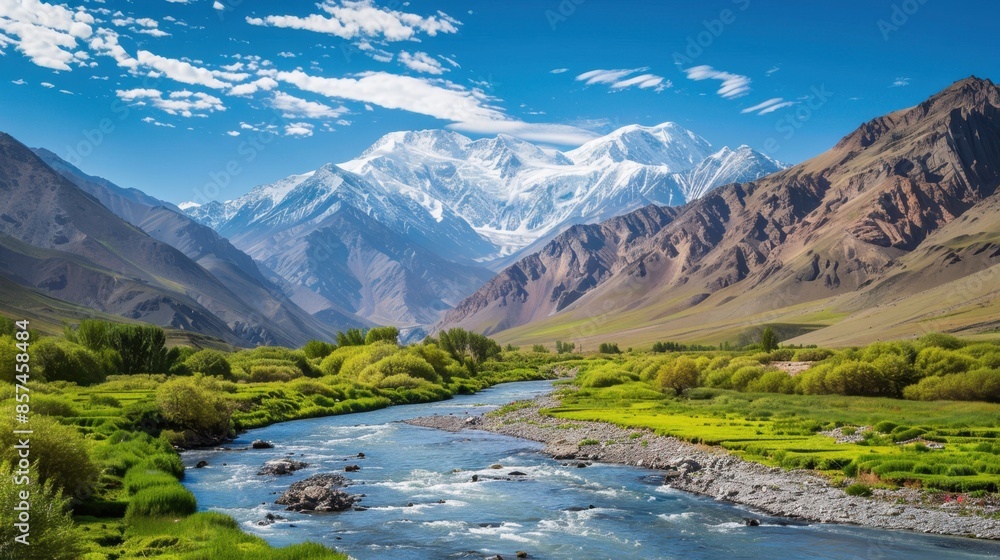 A vibrant image showcasing a winding river flowing through a lush valley, nestled amidst majestic mountains under a clear blue sky. A vibrant image showcasing a winding river flowing through a lush valley, nestled amidst majestic mountains under a clear blue sky.