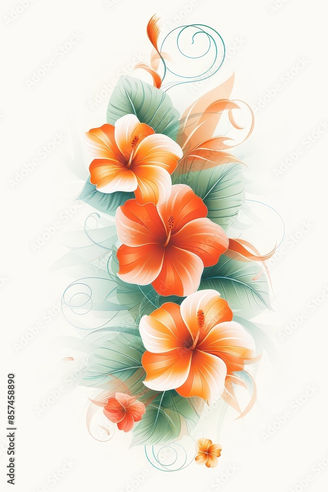 Elegant Orange Hibiscus Flowers With Green Leaves and Ribbon Elegant Orange Hibiscus Flowers With Green Leaves and Ribbon