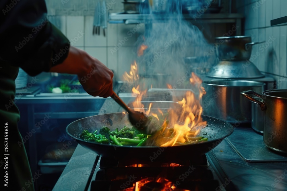 Man cooks vegetables in deep fryer in kitchen fire. Man cooks vegetables in deep fryer in kitchen fire.