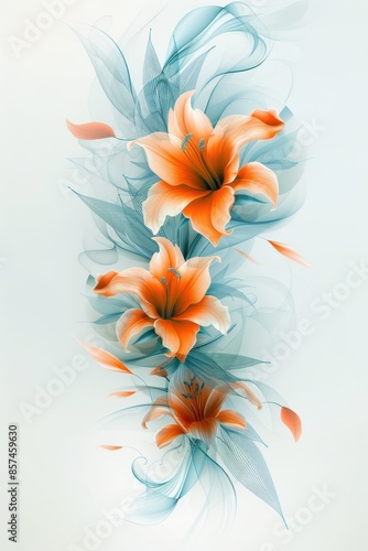 Elegant Orange Lilies With Delicate Blue Swirls on a White Background