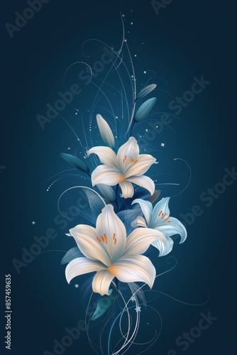 Elegant White Lilies With Delicate Ribbon and Swirling Vines Against a Deep Blue Background