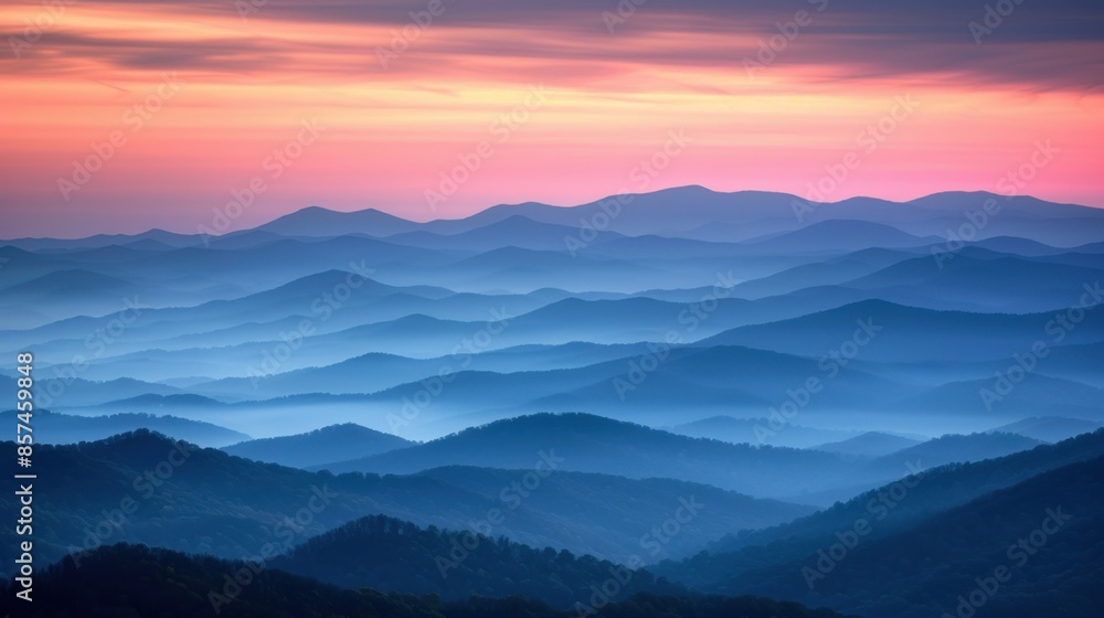 Obraz premium A picturesque view of the Blue Ridge Mountains at sunset, showcasing the layered peaks and a sky with hues of pink and orange.