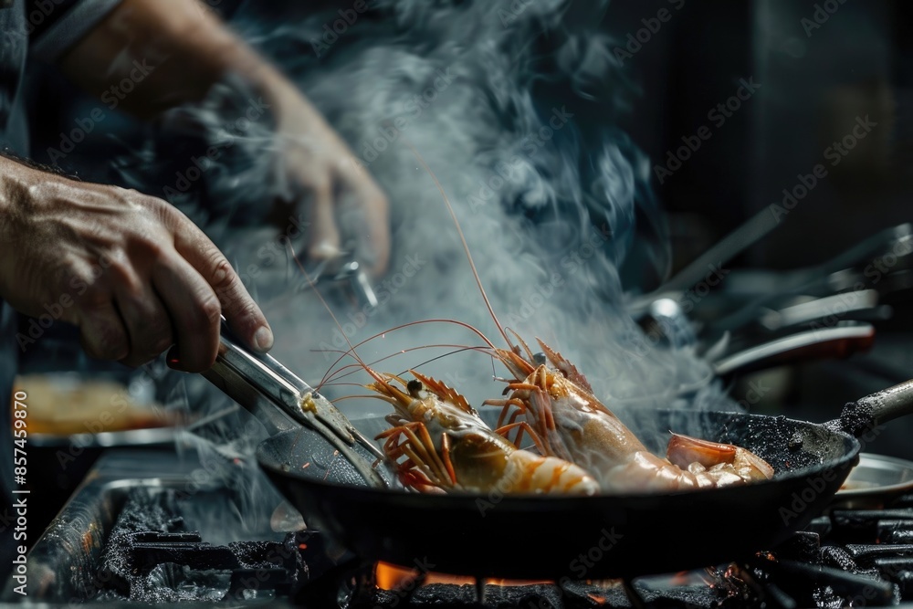 Fototapeta premium Chef cooking with Tiger prawn on dark background Chef cooking with Tiger prawn on dark background