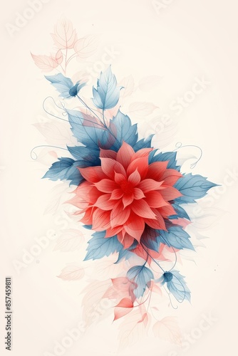Watercolor Illustration of a Red Flower With Blue Leaves