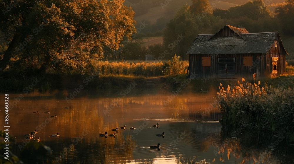 Fototapeta premium Barn illuminated by the golden hour light, with a tranquil pond reflecting its image and ducks swimming peacefully 