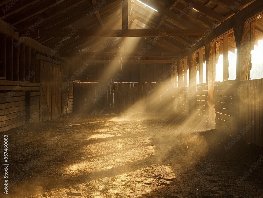 Barn interior with rows of wooden stalls, beams of sunlight filtering through cracks, and dust particles dancing in the air Barn interior with rows of wooden stalls, beams of sunlight filtering through cracks, and dust particles dancing in the air