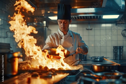 Chef flambe cooking in restaurant kitchen. photo