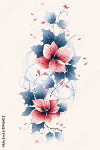 Elegant Pink Flowers With Delicate Blue Leaves and a Flowing Ribbon