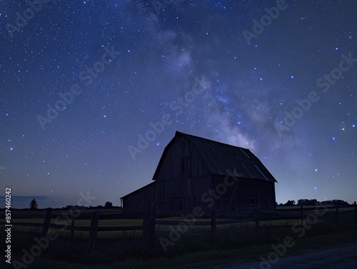 Barn under a starry night sky, with the Milky Way visible above and the barn's silhouette creating a striking contrast 