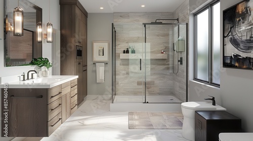 A contemporary bathroom features a walk-in shower with glass doors, a wooden vanity with a white countertop, and a white porcelain toilet.