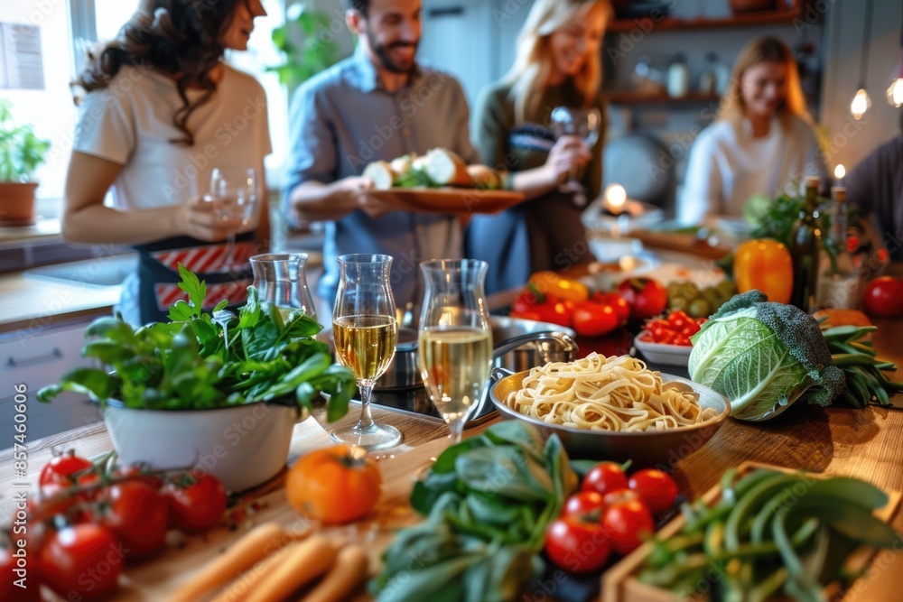 Friends cooking together with vegetables and pasta in kitchen. Friends cooking together with vegetables and pasta in kitchen.