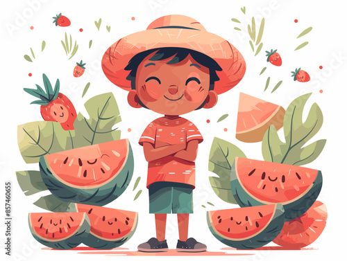Cute little boy with watermelon. Vector illustration in cartoon style