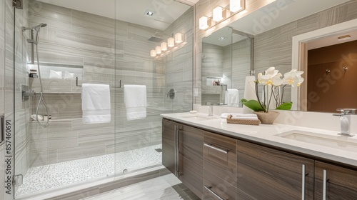 A modern bathroom featuring a walk-in shower with glass doors, a double vanity with wooden cabinets, and white orchids. photo