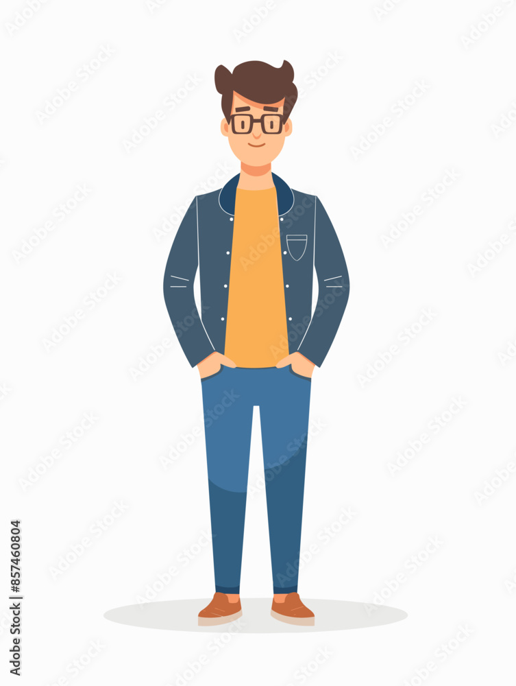 Fototapeta premium Young man with glasses. Male character in casual clothes. Vector illustration