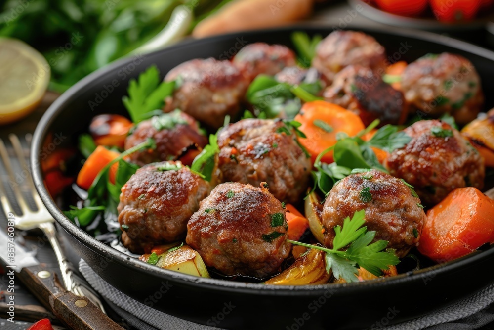 Meat and beef meatballs with vegetables and utensils Meat and beef meatballs with vegetables and utensils