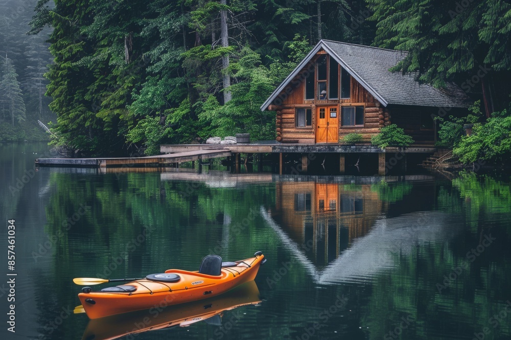 Lakeside cabin with a wooden dock, kayaks, and reflections of the serene water, providing a tranquil and picturesque setting for relaxation Lakeside cabin with a wooden dock, kayaks, and reflections of the serene water, providing a tranquil and picturesque setting for relaxation