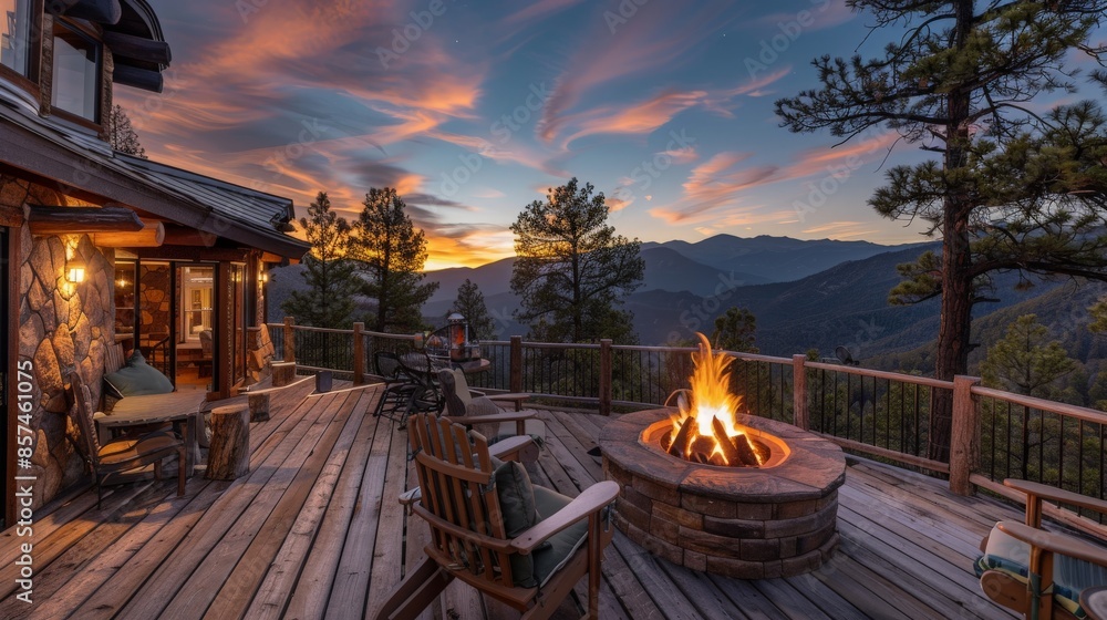 Fototapeta premium Lavish villa nestled in the mountains, offering panoramic views, cozy outdoor fire pit, and a spacious deck for enjoying the serene environment 