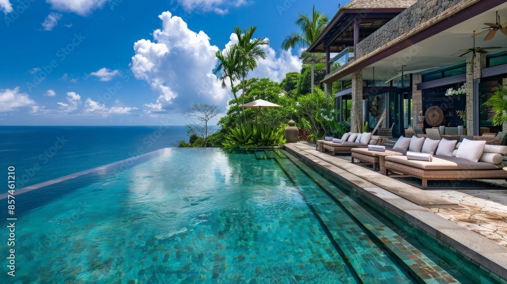 Luxurious villa with a sprawling infinity pool overlooking the ocean, surrounded by lush tropical gardens and elegant outdoor seating areas Luxurious villa with a sprawling infinity pool overlooking the ocean, surrounded by lush tropical gardens and elegant outdoor seating areas