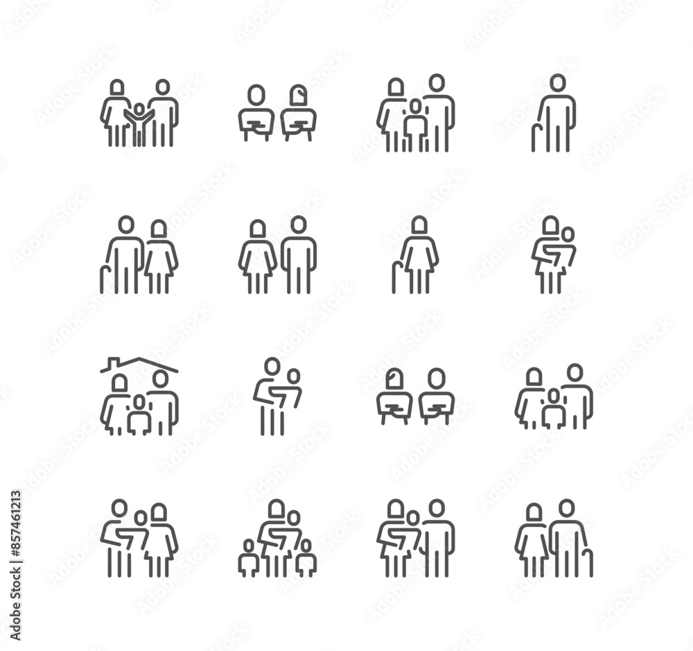 Set of family related icons, adult, pension, family home, grandmother and linear variety vectors.
Set of family related icons, adult, pension, family home, grandmother and linear variety vectors.