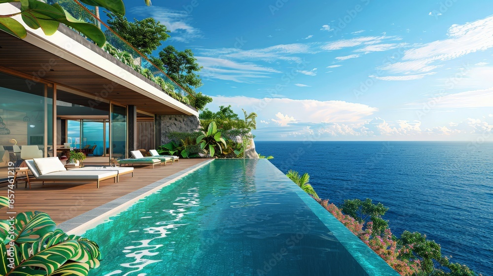 Fototapeta premium Luxurious villa with a sprawling infinity pool overlooking the ocean, surrounded by lush tropical gardens and elegant outdoor seating areas