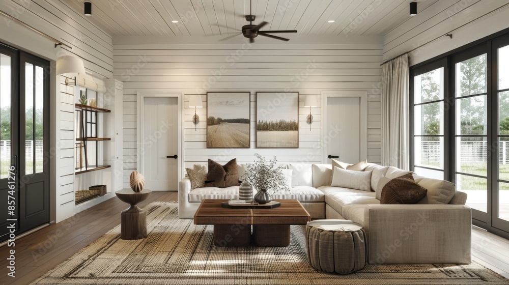 Fototapeta premium A cozy and inviting living room with white walls and a large sectional sofa centered on a rug. Natural light streams through large windows and a sliding door.