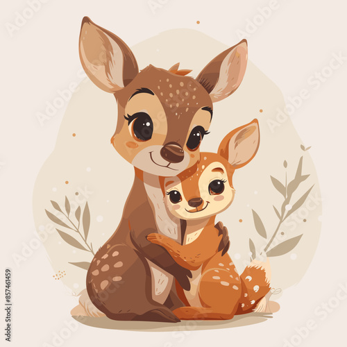 Cute little baby deer with mother. Vector illustration in cartoon style.