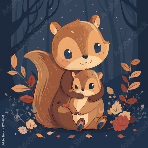 Cute cartoon squirrel and chipmunk in autumn forest. Vector illustration