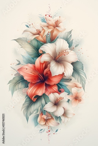 Watercolor Painting of Vibrant Flowers With Green Leaves