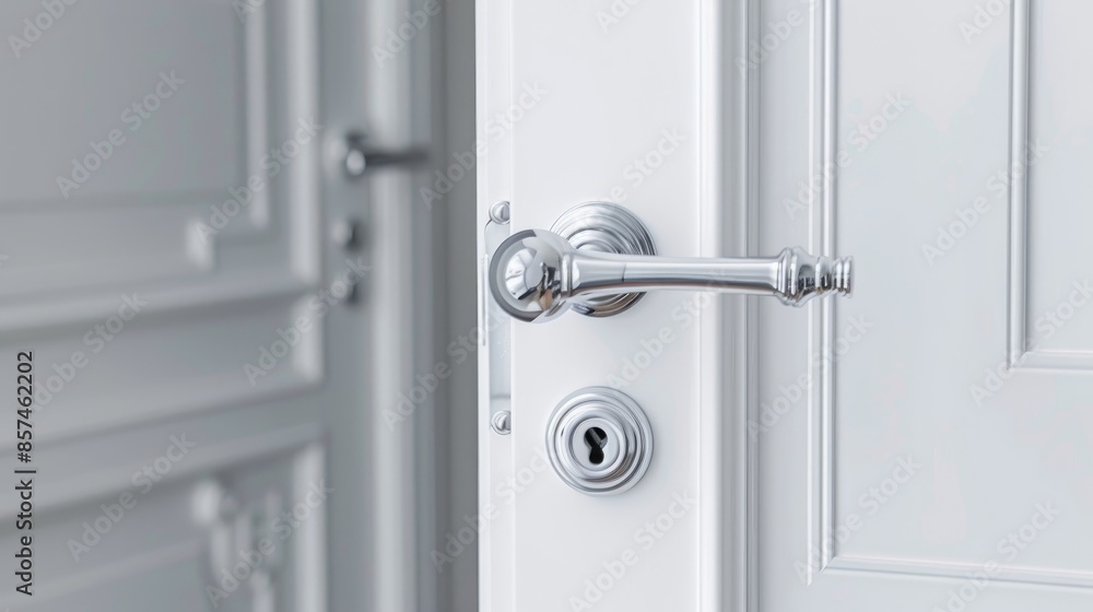 Luxurious armored white door with chrome handle isolated on white background Steel door for interior design with emphasis on home security Ample space for ad text Luxurious armored white door with chrome handle isolated on white background Steel door for interior design with emphasis on home security Ample space for ad text