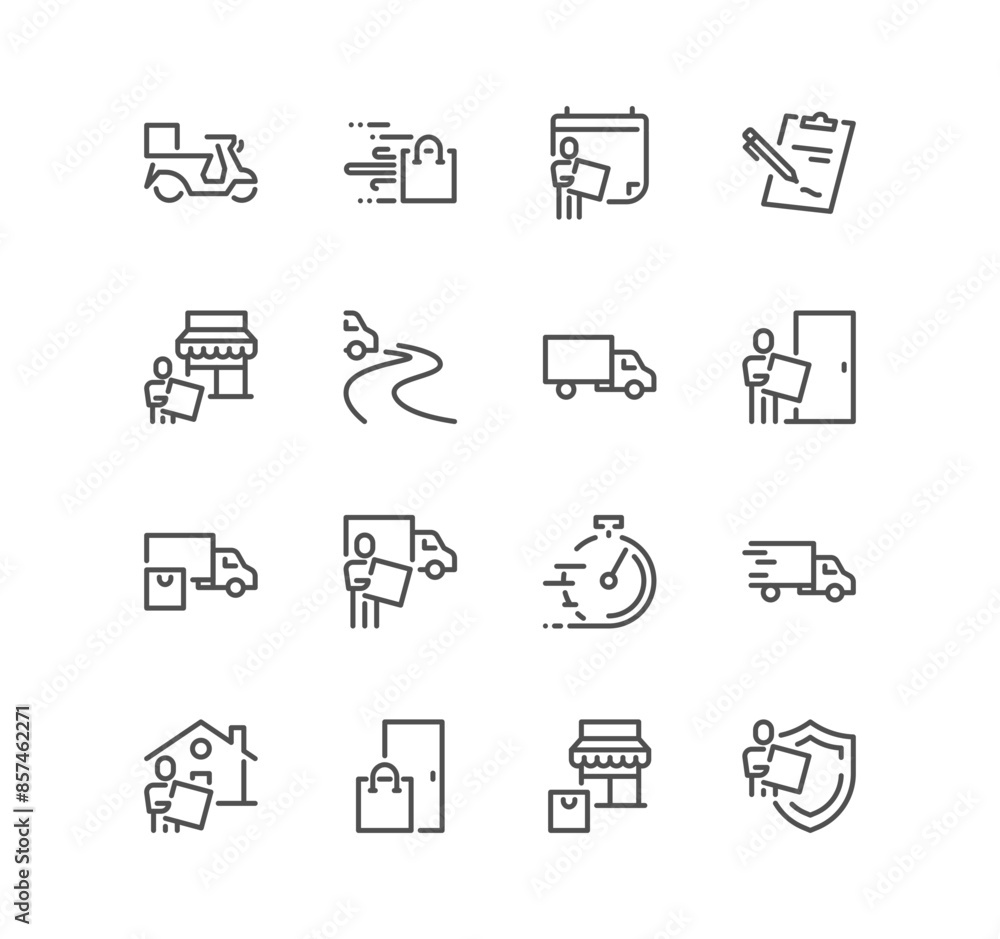 Set of food and package delivery related icons, ordering, leave at door, food delivery, shipping, logistic and linear variety vectors.
Set of food and package delivery related icons, ordering, leave at door, food delivery, shipping, logistic and linear variety vectors.