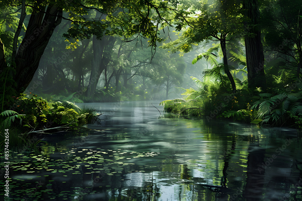 Serene Forest River: Tranquil Waters Reflecting Lush Greenery and Sunlight in a Harmonious Natural Setting Serene Forest River: Tranquil Waters Reflecting Lush Greenery and Sunlight in a Harmonious Natural Setting
