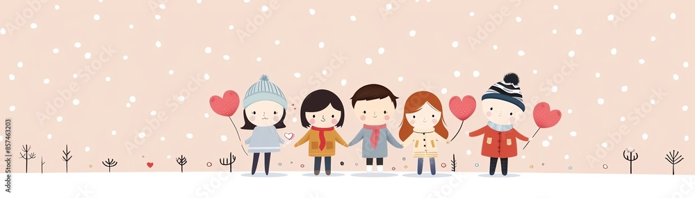 Cartoon illustration of five children holding hands with heart-shaped balloons in a snowy winter landscape, perfect for festive and holiday themes.