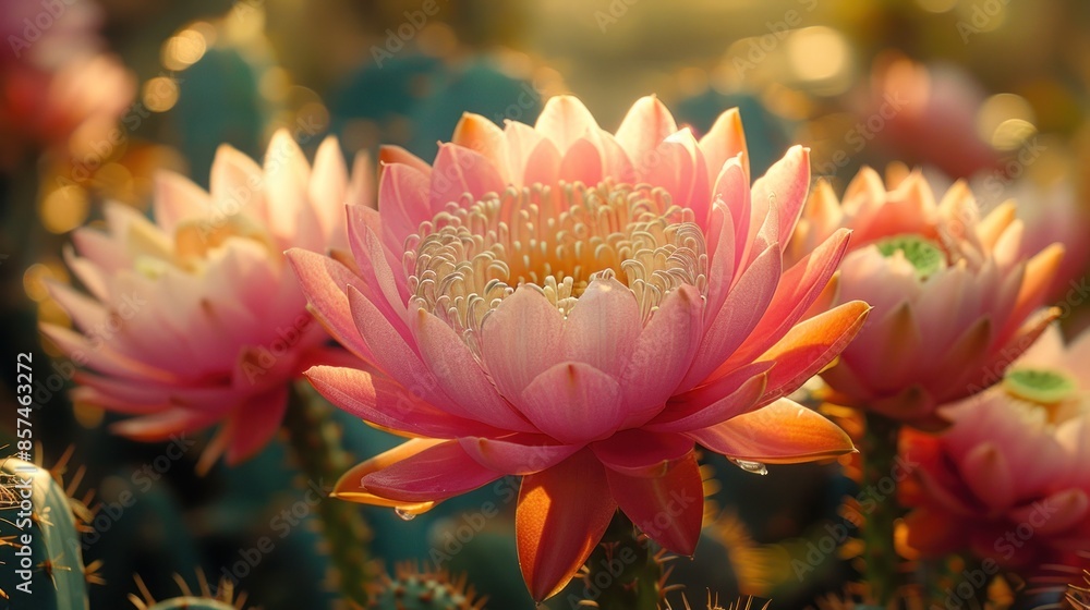 Pink Cactus Blossoms Illuminated by Golden Sunlight Pink Cactus Blossoms Illuminated by Golden Sunlight