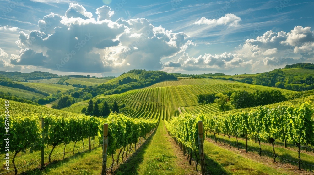 A picturesque vineyard with rows of grapevines stretching towards a distant hillside, framed by a bright blue sky with fluffy white clouds. A picturesque vineyard with rows of grapevines stretching towards a distant hillside, framed by a bright blue sky with fluffy white clouds.