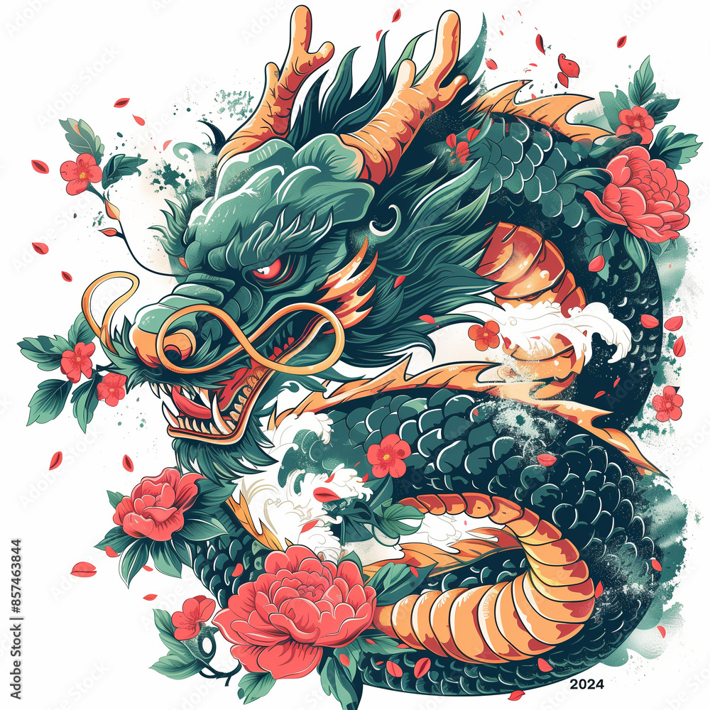 Chinese Green Dragon with Blossoms Chinese Green Dragon with Blossoms
