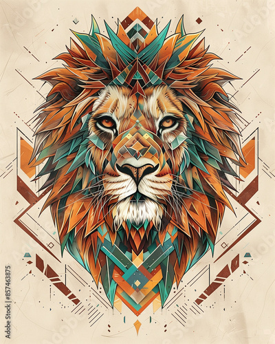 Vibrant geometric illustration of a lion's head with colorful abstract patterns in modern digital art style photo