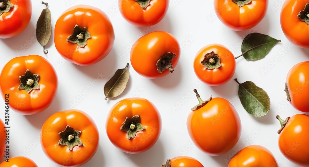 Fresh kaki persimmon fruits on white. Top view Fresh kaki persimmon fruits on white. Top view