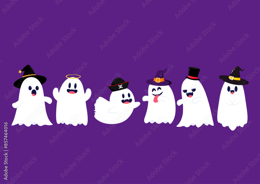 Obraz premium Cute ghost floating with Halloween pumpkin basket for Trick or Treat. Funny spooky boo character. Spook phantom with happy smiling face expression. Isolated kids flat vector illustration.